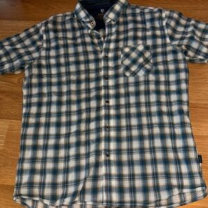 Kuhl Mens Plaid Shirt Size L 100% Organic Cotton Button Up Blue/ White